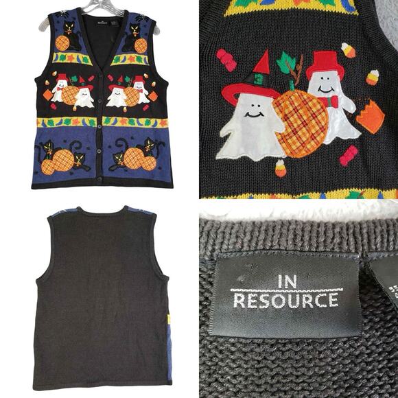 Vintage In Resource Halloween Sweater Vest Size 8 Ghost Knit Black - Picture 1 of 10